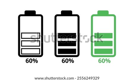 Cell phone battery icons in different models, cell phone battery charged 60%, for websites and graphic resources.