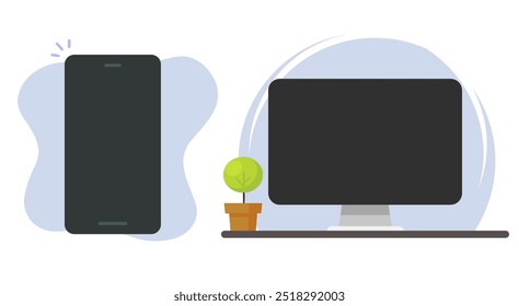 Cell phone blank screen mock up icon, desktop computer pc monitor template vector graphic illustration set, smartphone cellphone black display mock up modern image clip art