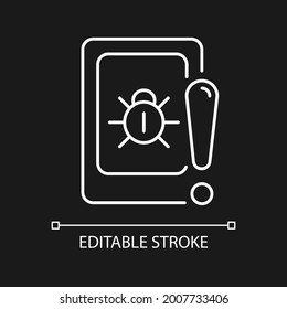 Cell phone bugging white linear icon for dark theme. Tracking mobile device secretly. Thin line customizable illustration. Isolated vector contour symbol for night mode. Editable stroke