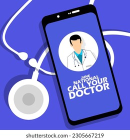 Un teléfono celular llamando a un doctor con un estetoscopio y texto en negrita sobre un fondo azul claro para conmemorar el Día Nacional de Llamar a su Médico el 1 de junio