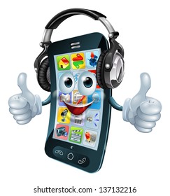 A cell phone cartoon character with music headphones on giving the thumbs up. Could be a concept for a music app or similar.