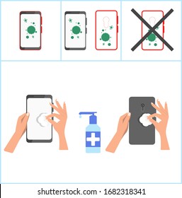 Teléfono celular y caja contaminada con bacterias, virus. Limpieza y desinfección de la parte delantera y trasera del teléfono, excluyendo la cubierta. Concepto: prevención de infecciones, higiene, limpieza.