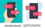 Cell phone chat text message sms mobile app icon vector flat graphic illustration, cellphone smartphone screen with online talk dialogue bubble speech in person hand modern image design   