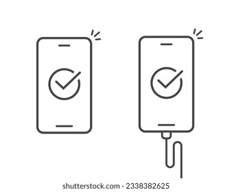 Marca de comprobación de teléfono celular aplica arte de contorno de línea vectorial de pictograma simple, marca de verificación de estado de carga de smartphone móvil realizada, validación de la conformación de actualización, marca de encuesta de éxito, imagen de cable de enchufe de potencia