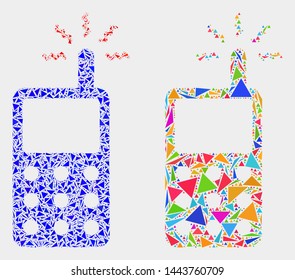 Cell phone collage icon of triangle elements which have various sizes and shapes and colors. Geometric abstract vector illustration of cell phone.