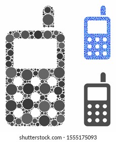 Cell phone composition of filled circles in variable sizes and color tinges, based on cell phone icon. Vector small circles are united into blue composition.