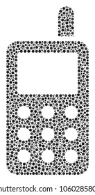 Cell Phone composition of round dots in variable sizes and color hues. Round dots are combined into cell phone vector composition. Dotted vector design concept.