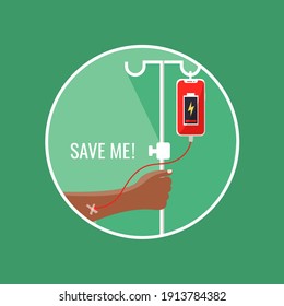 El concepto de teléfono celular, como la bolsa de sangre para perfusión, se carga vectorial. batería vacía o baja creativa. adictas a los smartphones. antecedentes de adicción a la tecnología. ilustración en vivo de charger save help