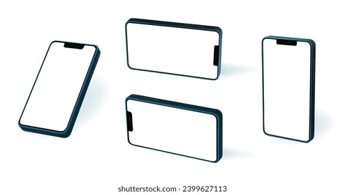 Cell phone cyborg isolated 3d mockups. Front and angled views of vertical and horizontal devices blank screens. Mobile cell telephone app template