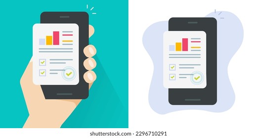 Cell phone digital stats analysis checklist icon vector mobile app graphic report illustration, stocks data kpi analyze analytics cellphone document, sales business performance chart image clipart