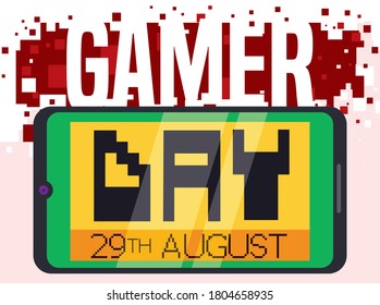Cell phone displaying a RPG and pixelated sign, proving the mobile games are awesome to start adventures during Gamer Day celebration.