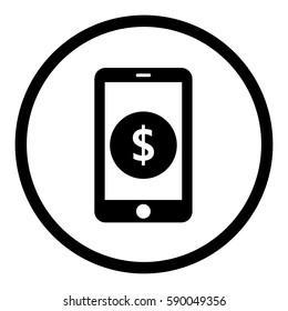 Cell phone dollar icon in circle on white background