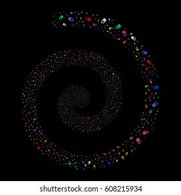 Cell Phone fireworks burst spiral. Vector illustration style is flat bright multicolored scattered symbols. Object burst made from random icons.