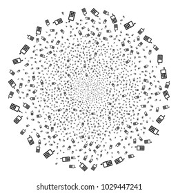 Cell Phone fireworks globula. Object pattern organized from random cell phone icons as explosion sphere. Vector illustration style is flat iconic symbols.