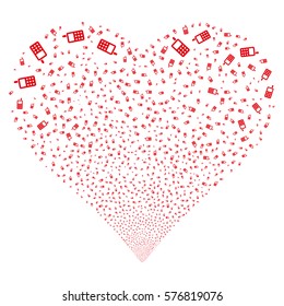Cell Phone fireworks with heart shape. Vector illustration style is flat red iconic symbols on a white background. Object heart made from confetti pictographs.
