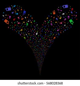 Cell Phone fireworks stream. Vector illustration style is flat bright multicolored iconic symbols on a black background. Object double fountain combined from random icons.