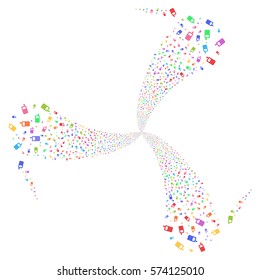 Cell Phone fireworks swirl rotation. Vector illustration style is flat bright multicolored iconic symbols on a white background. Object spiral combined from random design elements.