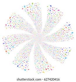 Cell Phone fireworks swirl rotation. Vector illustration style is flat bright multicolored iconic symbols on a white background. Object whirl created from random pictograms.