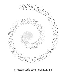 Cell Phone fireworks whirlpool spiral. Vector illustration style is flat gray scattered symbols. Object swirling organized from random pictographs.