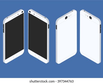 Cell phone. Flat isometric. Mobile device. Modern technologies of communication and management. White smartphone. Touchscreen display. Vector illustration.