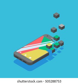 Cell phone. Flat isometric. Mobile device. with pixel 3d isometric Vector illustration.