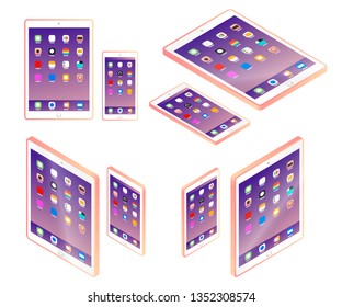Cell phone. Flat Mobile, tablet pc computer device. Modern technologies of communication and management. Pink smartphone with UI icons. Touchscreen display. Vector illustration