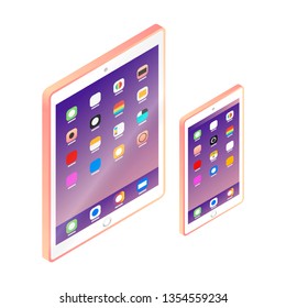 Cell phone. Flat Mobile, tablet pc computer device. Modern technologies of communication and management. Pink smartphone with UI icons. Touchscreen display. Vector illustration