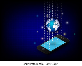 Cell phone and globe and binary digit on blue background . Vector 3D graphic design .