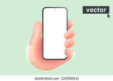 Cell phone in hand on green background. Realistic 3D design in cartoon style. Vector illustration. Perfect for social media banners, UI template, business app, mobile phones advertising.