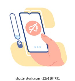 Cell phone in hand with sound off. Quiet mode. Mobile silent. Smartphone screen. Interface icon. Telephone in users arm. Restricted noise of call and message. Mute device