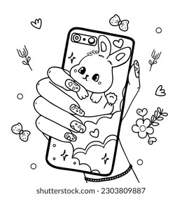 a cell phone in hand ,vector black and white coloring page,  and a case with a rabbit and doodles
