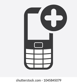 Cell phone icon with add sign. Cell phone icon and new, plus, positive symbol. Vector icon