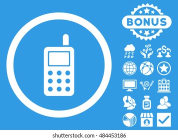 Cell Phone icon with bonus elements. Vector illustration style is flat iconic symbols, white color, blue background.