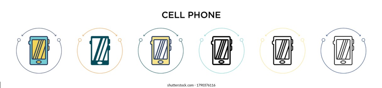 Cell phone icon in filled, thin line, outline and stroke style. Vector illustration of two colored and black cell phone vector icons designs can be used for mobile, ui, web