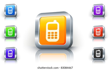 Cell Phone Icon on 3D Button with Metallic Rim Original Illustration