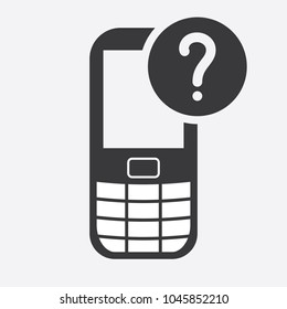 Cell phone icon with question mark. Cell phone icon and help, how to, info, query symbol. Vector icon