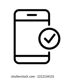 Cell phone icon with successful completed approval or accepted ok information. Vector mobile sign logo for web app.
