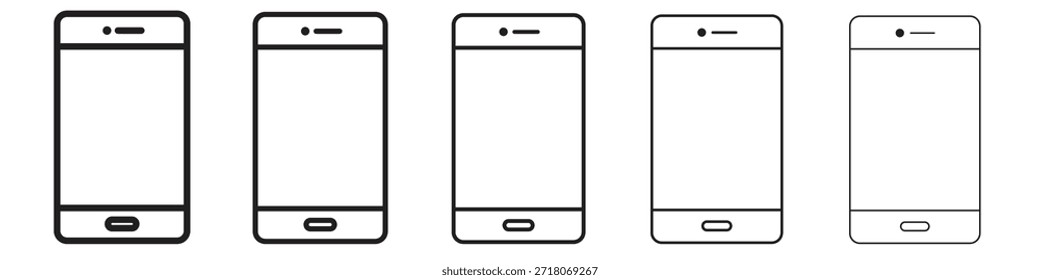 Símbolo del icono del teléfono celular en línea delgada, contorno negro y estilo del trazo