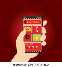 Cell phone infected by malware ransomware wannacry or maze virus. Cyber attack concept. Hacker encrypted mobile folders, files and threatening Bitcoin money payment to unlock. Vector illustration