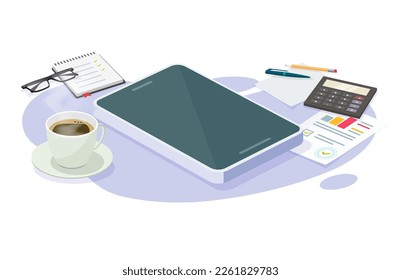 3D-Vektor-Blindbildschirm für Mobiltelefone am Arbeitstisch, Smartphone-Grafik für Audit-Analyse-App-Präsentationen, Bild für Smartphone-Vorlagen 