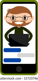 Cell phone with man at laptop computer smiling with hipster beard and glasses social media messenger vector graphic on clear background.