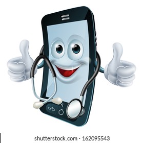 Cell phone man with a stethoscope round his neck giving a thumbs up. Health app concept