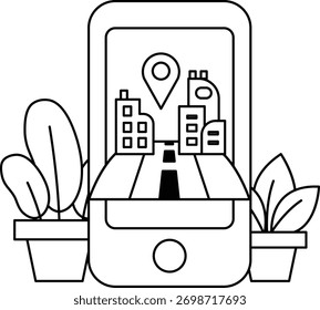 Un teléfono celular con un mapa de una ciudad. La ciudad se muestra en una perspectiva 3D