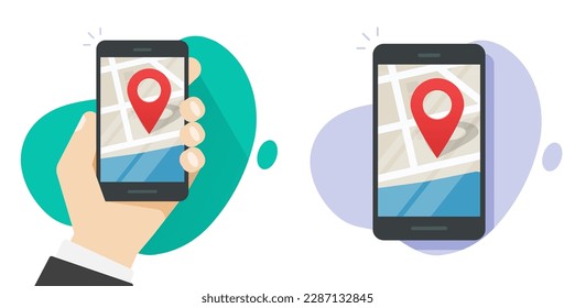 Cell phone map pin pointer geotag location icon vector, parson man hand cellphone geo tag mobile app marker on screen graphic flat illustration, travel position on city in smartphone navigator image