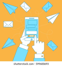 Cell phone with messages, sms concept with letters and paper planes 