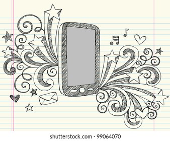 Cell Phone Mobile PDA Sketchy Notebook Doodles with Swirls, Hearts, Email, Music, and Shooting Stars- Hand Drawn Vector Illustration Design Elements on Lined Sketchbook Paper Background