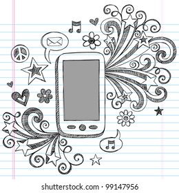 Cell Phone Mobile PDA Sketchy Hand-Drawn Notebook Doodles with Shooting Stars, Email Icon, Music, and Speech Bubbles- Vector Illustration Design Elements on Lined Sketchbook Paper Background