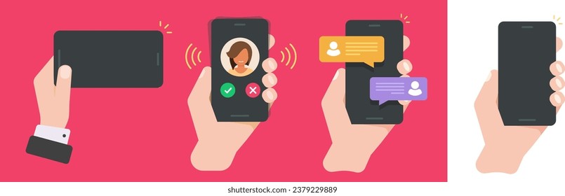 Cell phone mobile screen blank holding hand vector, cellphone sms message talk notice app graphic flat cartoon, smartphone ringing calling vibrating icon, smart telephone  mockup set image clipart