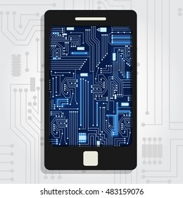 Cell phone mobile showing electronic circuits inside.