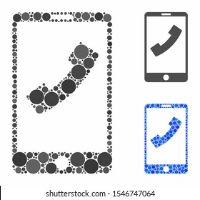 Cell phone mosaic of spheric dots in various sizes and color hues, based on cell phone icon. Vector filled circles are grouped into blue mosaic. Dotted cell phone icon in usual and blue versions.